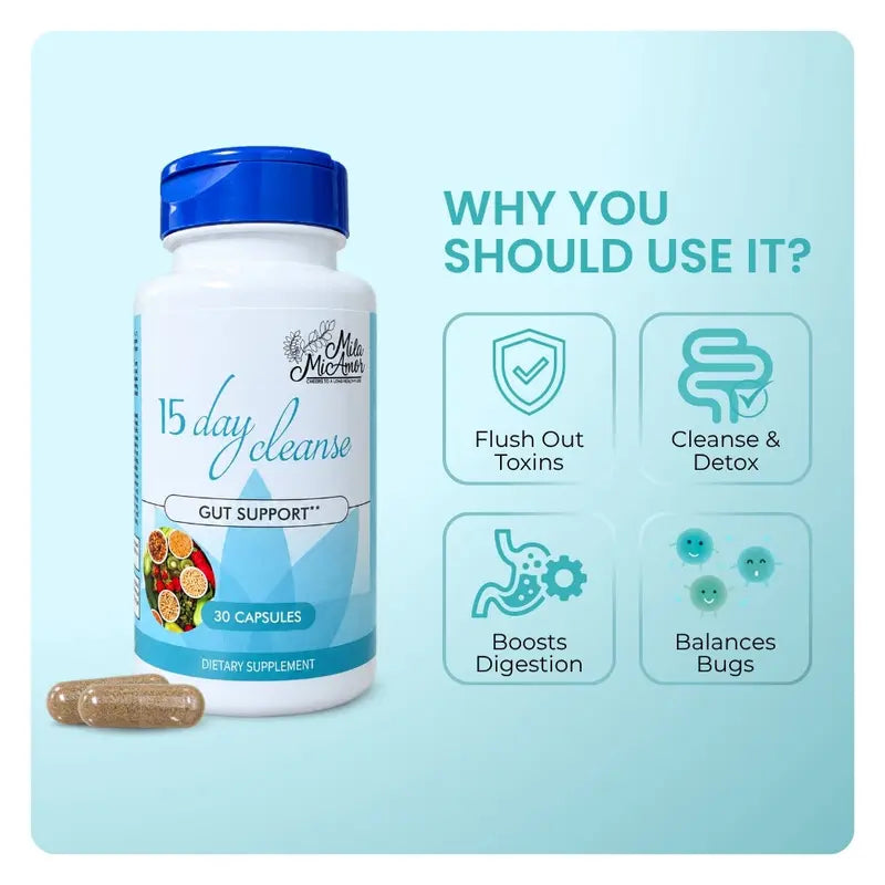 15 Day Cleanse - Gut and Colon Support | Caffeine Free | Advanced Formula with Senna, Cascara Sagrada, & Psyllium Husk | Non-Gmo | 30 Capsules