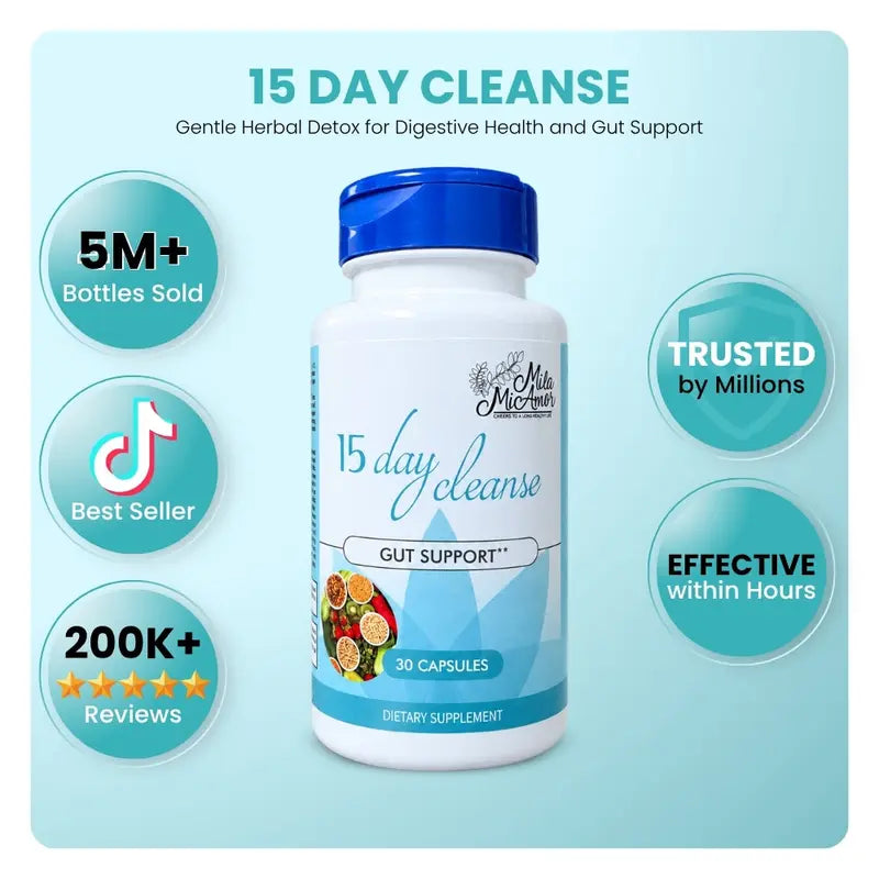 15 Day Cleanse - Gut and Colon Support | Caffeine Free | Advanced Formula with Senna, Cascara Sagrada, & Psyllium Husk | Non-Gmo | 30 Capsules